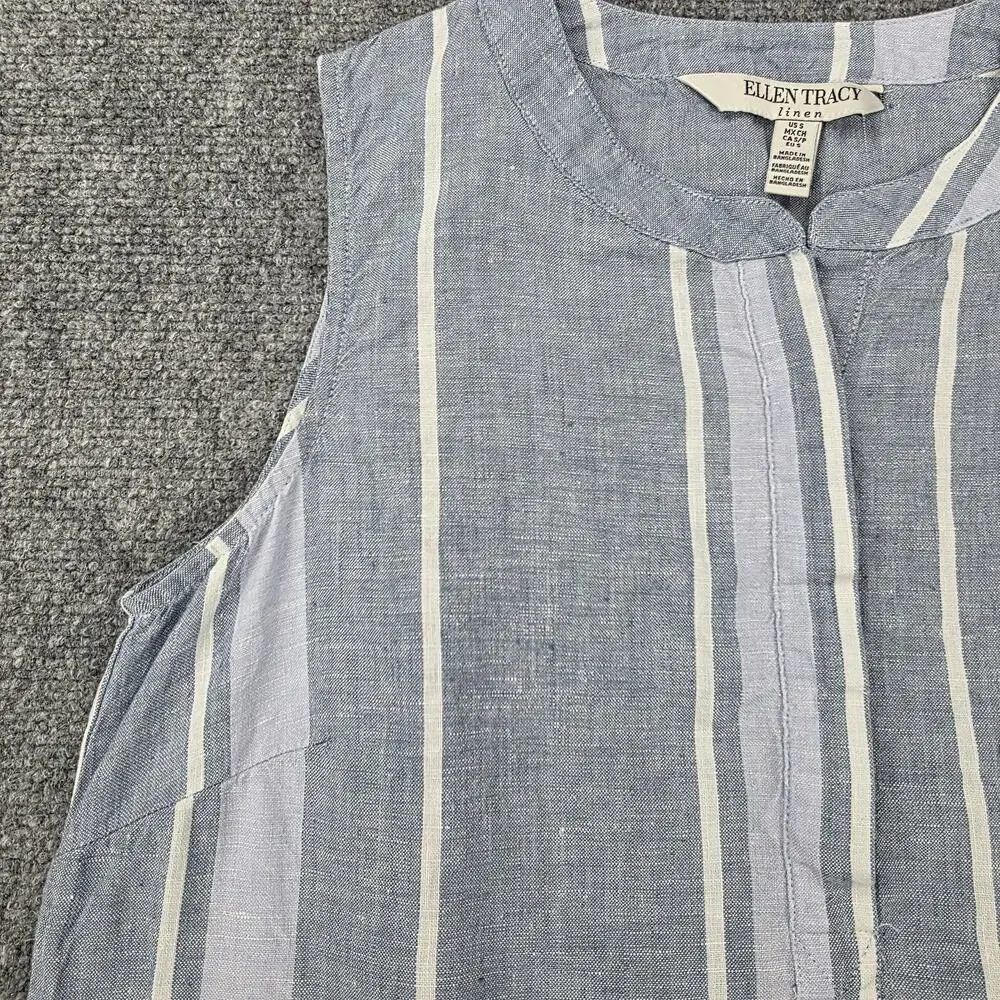 Ellen Tracy Shirt Womens Small Blue Striped Linen Sleeveless Button Summer Top - Picture 8 of 16